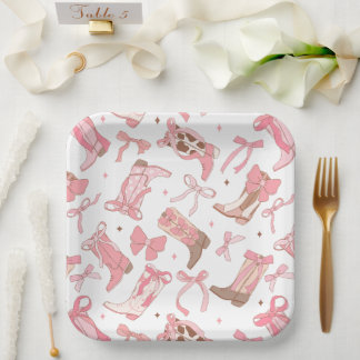 Western Pink Rodeo Boots with Bows Bridal Shower Paper Plate