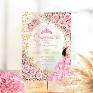 Western Pink Roses Golden Butterfly Quinceañera Acrylic Invitations