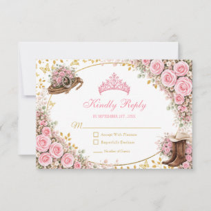 Western Pink Roses Golden Country Quinceañera RSVP Card