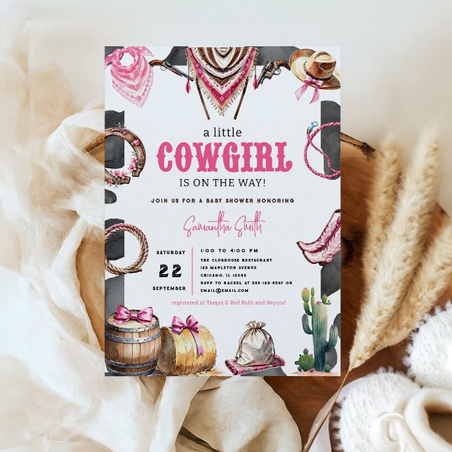 Western Pink Watercolor Cowgirl Baby Shower Invitation (Western Pink Wild West Country Watercolor Coquette Cowgirl Rodeo Baby Shower Invitation)