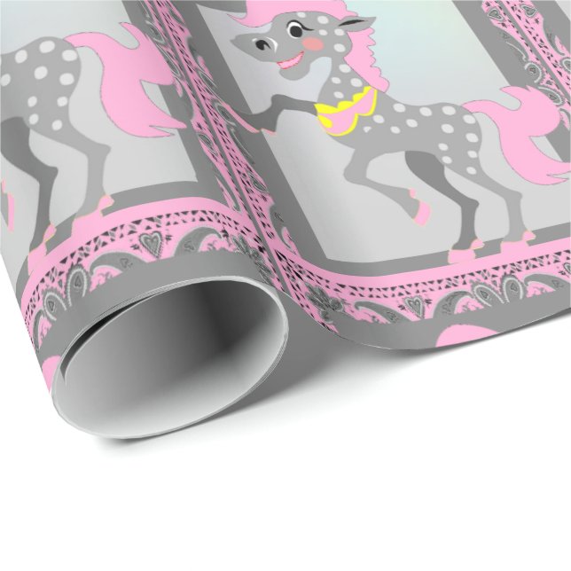 Western Polka Dot Cartoon Horse Pink Bandanna Wrapping Paper (Roll Corner)