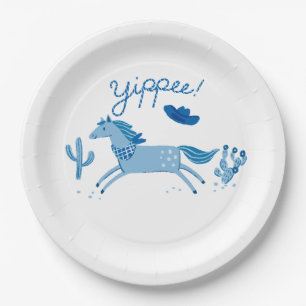Western Pony Birthday Invitation Blue Paper Plate