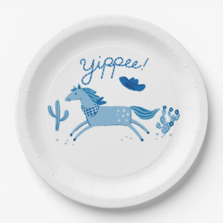 Western Pony Birthday Invitation Blue Paper Plate