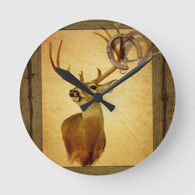 Western Primitive barn wood buck white tail deer Round Clock (Front)
