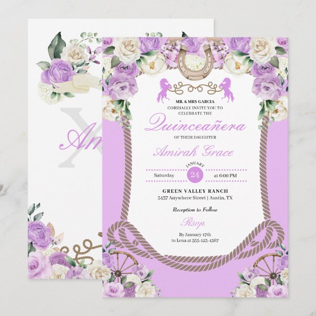 Western Purple Charro Cowgirl Quinceañera Invitation (Front/Back)