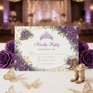 Western Purple Roses Golden Country Quinceañera RSVP Card
