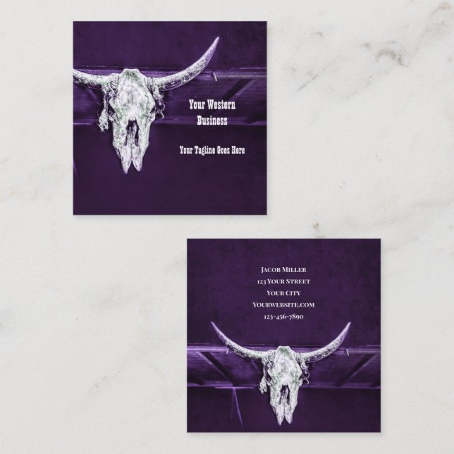 Western Purple White Rustic Bull Cow Skull Barn Square Business Card (Front/Back)