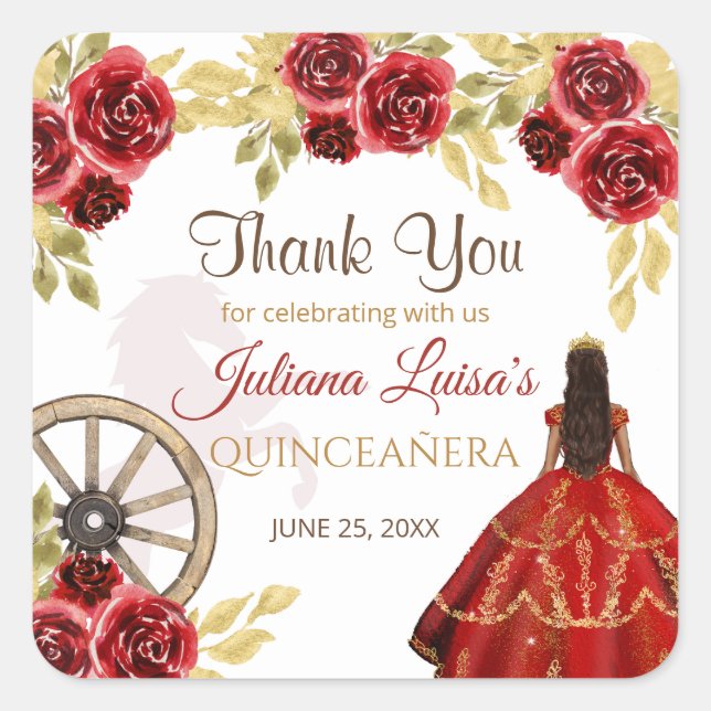 Western Quinceañera Floral Red Gold Charra Crown Square Sticker (Front)