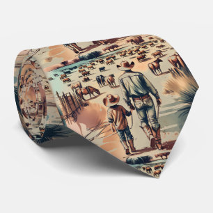 Western Ranch Cowboy and Son Checking the Herd Tie