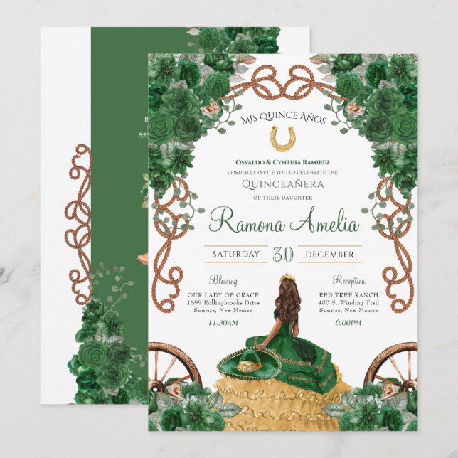 Western Ranch Emerald Green Floral Quinceañera Invitation (Front/Back)