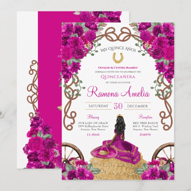 Western Ranch Magenta Pink Floral Quinceañera Invitation (Front/Back)