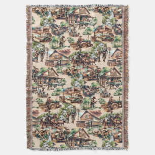 Western Ranch or Country Farm Scene Throw Blanket