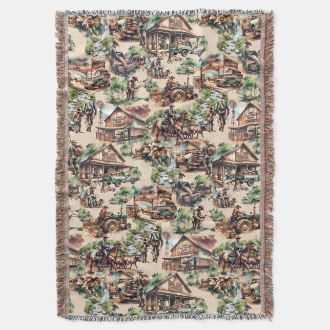 Western Ranch or Country Farm Scene Throw Blanket (Front Vertical)