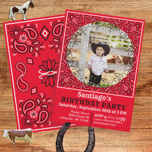 Western Red Bandana Photo Birthday Invitation