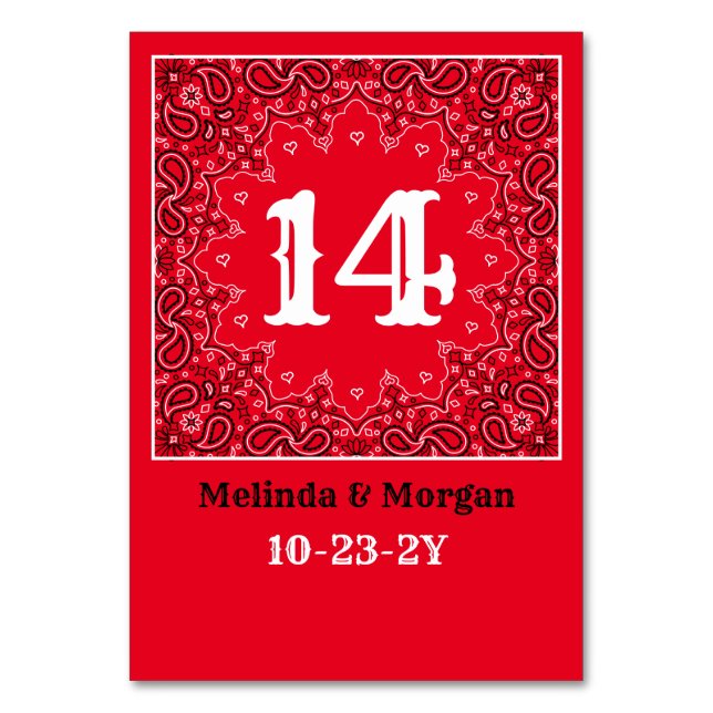 Western Red Bandanna Personalised Wedding Table Number (Front)