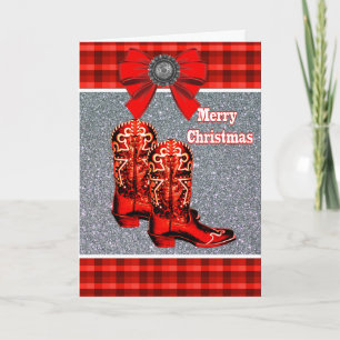 Western Red Cowboy Boots And Plaid Holiday Card