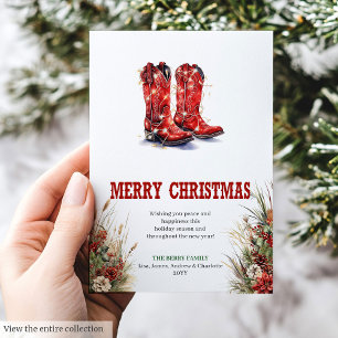 Western red cowboy boots Christmas greeting Holiday Card