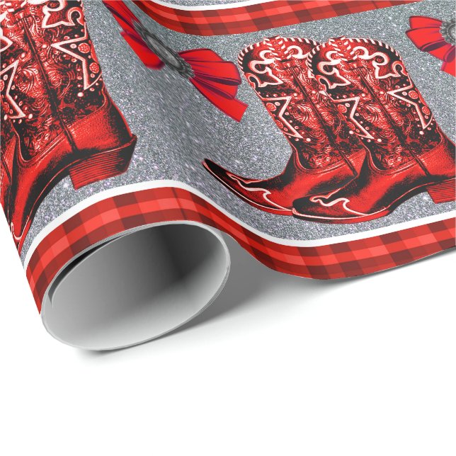 Western Red Cowboy Boots  Plaid Wrapping Paper (Roll Corner)