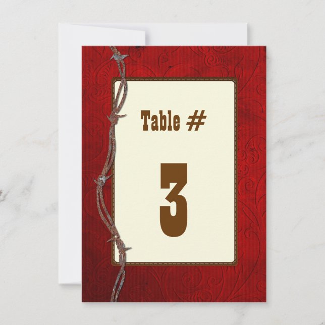 Western Red Leather Wedding Reception Table Number (Front)