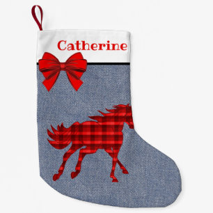 Western Red Plaid Horse On Faux Denim Small Christmas Stocking