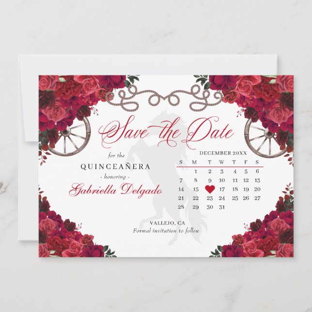 Western Red Roses Charro Quinceañera Save The Date Invitation (Front)
