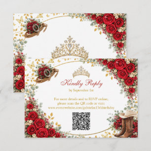 Western Red Roses Golden Country Quinceañera RSVP Card