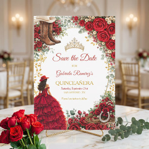 Western Red Roses Golden Country Quinceañera Save The Date