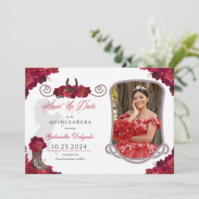 Western Red Roses Quinceañera Save The Date Photo Invitation (Standing Front)