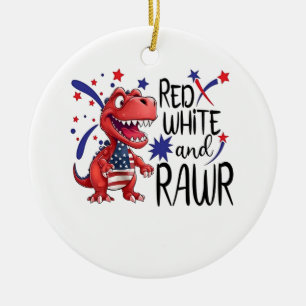 Western Red White Rawr Dinosaur Ceramic Ornament