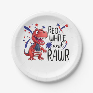 Western Red White Rawr Dinosaur Paper Plate