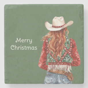 Western Redhead Cowgirl Christmas Stone Coaster