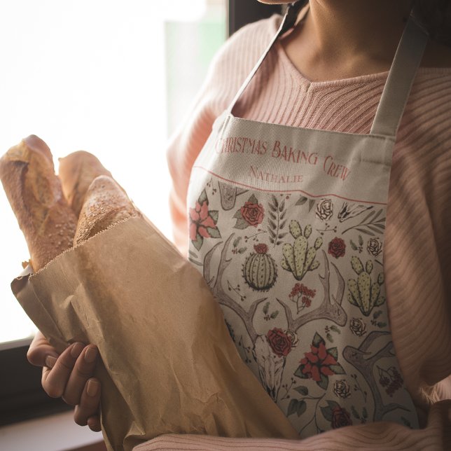 Western Reindeer Ranch Christmas Baking Crew Apron (Christmas Baking Crew Personalized Xmas Apron. Hand-Drawn Western Pattern. Reindeer Antlers & Cactus)