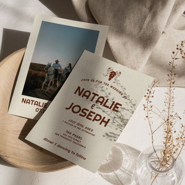 Western Retro Vintage Bull Skull Bold Boho Wedding Invitation (Creator Uploaded)