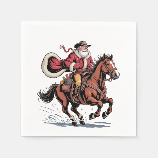 Western Riding Rodeo Horse Cowboy Santa Christmas Napkin (Front)