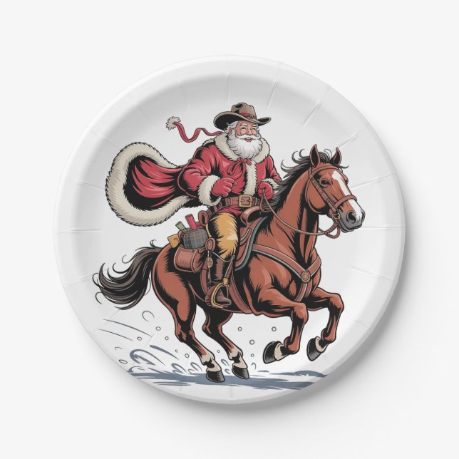 Western Riding Rodeo Horse Cowboy Santa Christmas Paper Plate (Front)