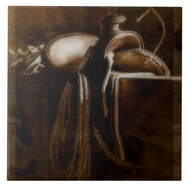 Western Riding Saddle Cowboy Country Ceramic Tile (Front)