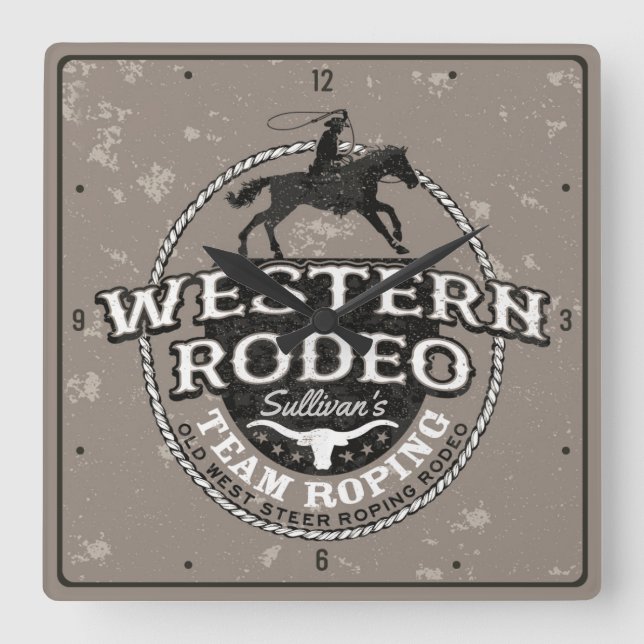 Western Rodeo ADD NAME Old West Steer Roping  Square Wall Clock (Front)