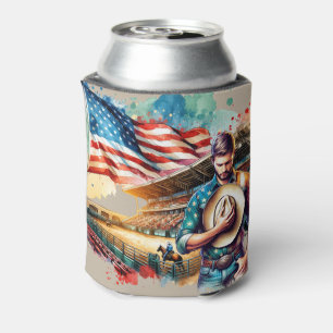 Western Rodeo Arena Cowboy and American Flag Can Cooler
