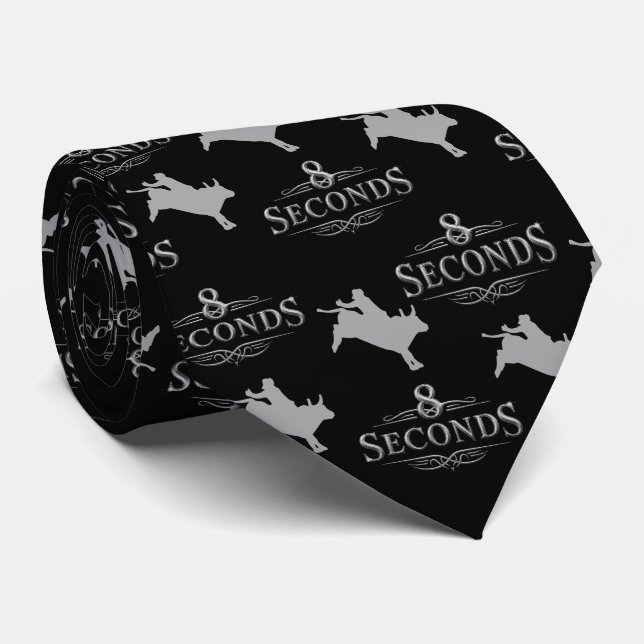 Western Rodeo Bull Riding 8 Seconds Black / Silver Tie (Rolled)