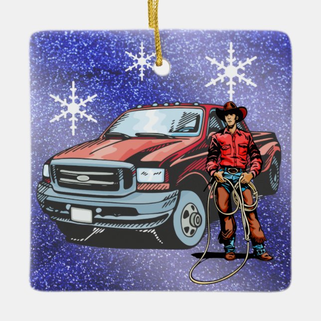 Western Rodeo Cowboy And Truck Christmas Ceramic Ornament (Front)