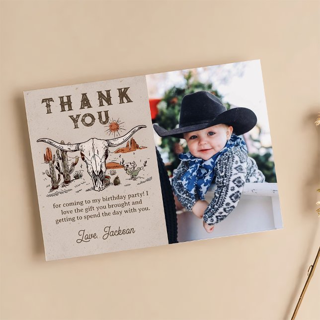 Western Rodeo Cowboy Birthday Photo Thank You Card (Creator Uploaded)