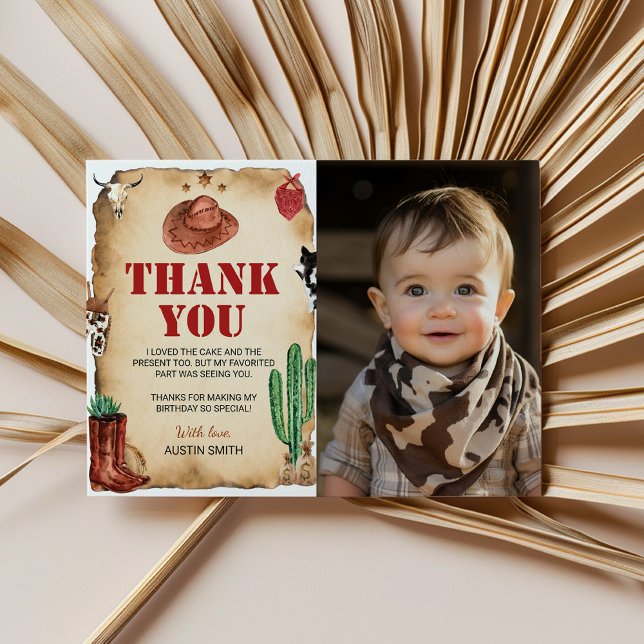 Western Rodeo Cowboy Birthday Photo Thank You Card (Creator Uploaded)