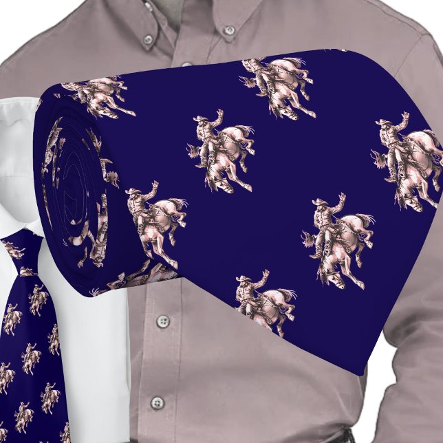 Western Rodeo Cowboy Bronc Rider Bronze on Blue Tie (Western Rodeo Cowboy Bronc Riding Men's Necktie Bareback Riding Bucking Horse)