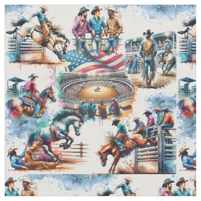 Western Rodeo Cowboy Bronc Riding Event Fabric (Close Up)