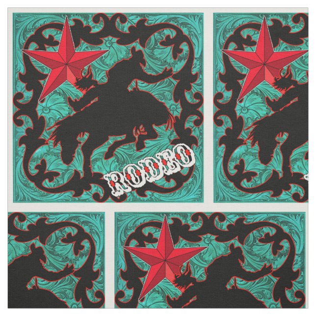 Western Rodeo Cowboy Bronc Riding Faux Leather Fabric (Swatch)