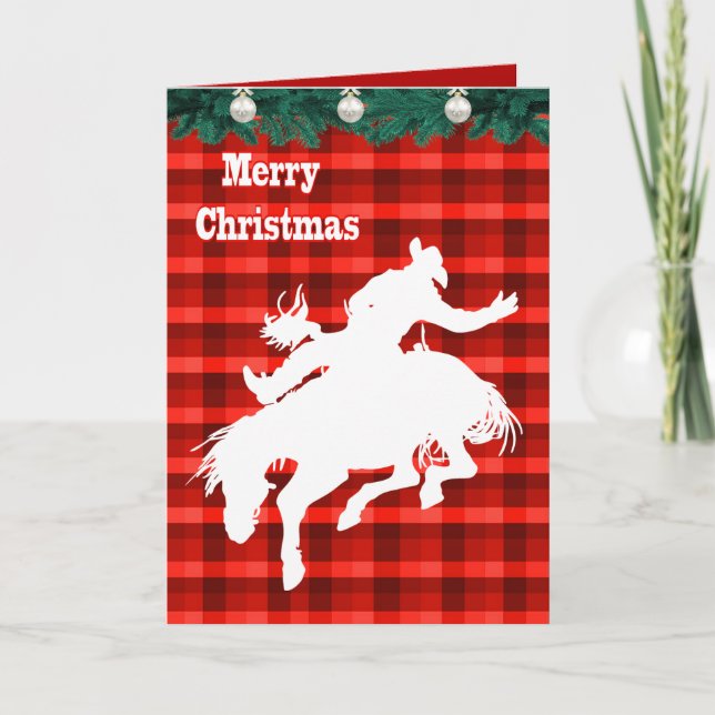 Western Rodeo Cowboy Bronc  Riding  Plaid Holiday Card (Front)