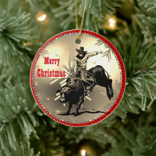 Western Rodeo Cowboy Bull Rider Ceramic Ornament