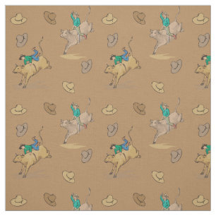 Western Rodeo Cowboy Bull Riding And Cowboy Hats Fabric