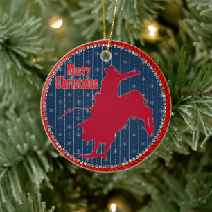 Western Rodeo Cowboy Bull Riding Christmas Ceramic Ornament