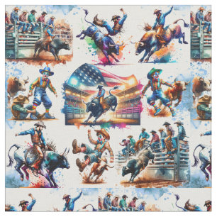 Western Rodeo Cowboy Bull Riding Event Fabric